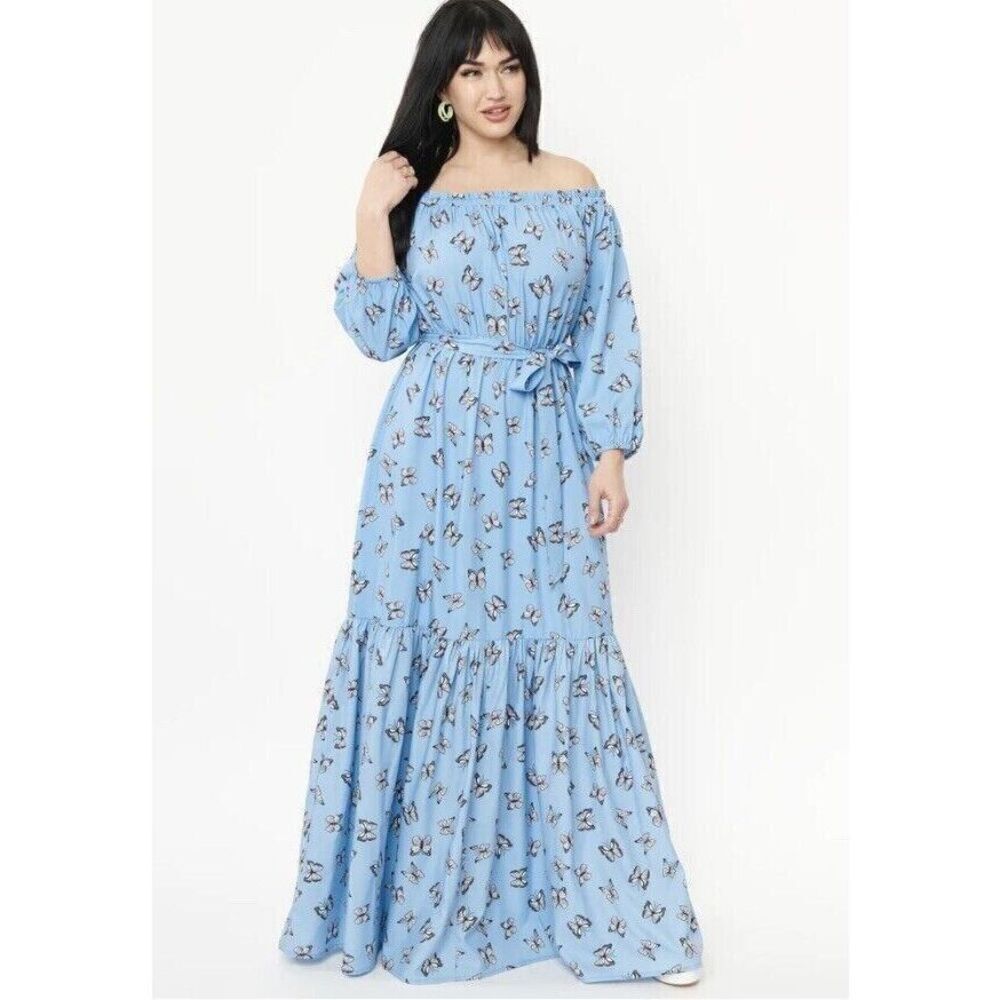 Unique Vintage  Dress Size Medium 6-8 Blue Floral Print‎ Sweet Escape Maxi